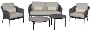 Das DeVries Lounge-Set Lanzarote Rope grau umfasst zwei graue Sessel, ein Sofa mit Rope-Geflecht und zwei elegante runde schwarze Tische auf einem langlebigen Aluminium-Gestell.
