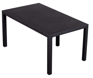 Der DeVries Dining-Tisch Dakota 160x90cm ist ein einfacher, rechteckiger schwarzer Esstisch aus pulverbeschichtetem Aluminium mit geraden Beinen vor einem makellos weißen Hintergrund.