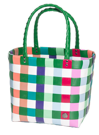 Entdecken Sie den Witzgall Shopper 5009-46 Grün/Bunt/Mix, ein farbenfrohes Meisterwerk aus handgewebten Kunststoffbändern mit grünen Griffen und einem Patchwork aus lebendigen Quadraten in Grün-, Rosa- und Blautönen.