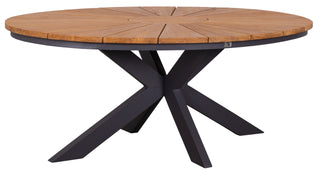 Der ovale DeVries Tisch Granville in den Maßen 190 x 115 cm verfügt über eine beeindruckende Holzplatte mit Sternenmuster und schlanke, schwarze Metallbeine in X-Form.