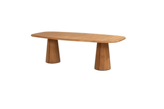 Der 4Seasons Tisch Capri 240x110cm Teak ist ein stabiler Tisch mit einer glatten rechteckigen Platte und zwei breiten zylindrischen Beinen.