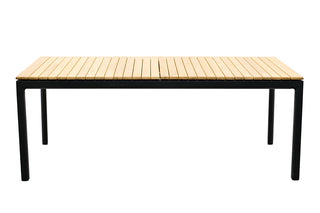Cane-Line Cane Line Gartentisch Drop Teakholz/Alu. Anthrazit, Seitenansicht, verfügt über eine rechteckige Holztischplatte mit schwarzen Metallbeinen auf weißem Hintergrund.