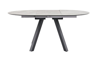 Der Kettler Ausziehtisch, ein stilvoller ovaler Esstisch, verfügt über eine ausziehbare Platte und hat eine graue HPL-Tischplatte mit dunklem, abgewinkeltem, pulverbeschichtetem Aluminiumrahmen.
