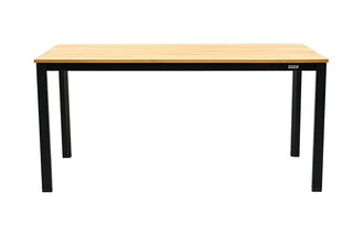 Der Kettler KETTLER Line Gartentisch Teak/Alu.schwarz ist ein eleganter rechteckiger Tisch mit schlanken schwarzen Metallbeinen, ideal für Mahlzeiten im Freien vor einem weißen Hintergrund.