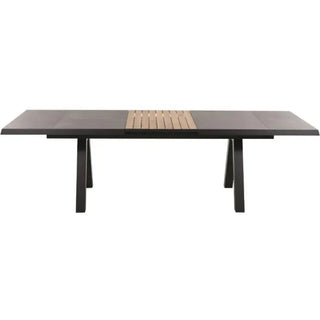 Der Siena Garden Ausziehtisch Lindos 205/265x100cm, gefertigt aus FSC-zertifiziertem Teakholz von Siena Garden, ist ein moderner schwarzer rechteckiger Esstisch mit zentralen Holzlatten und einem stabilen Untergestell mit klaren Linien.