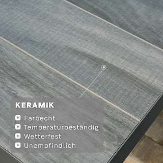 Nahaufnahme der Siena Garden Ausziehtisch Lindos Keramikoberfläche: farbecht, temperaturbeständig und wetterfest wie FSC-zertifiziertes Teakholz, bleibt von den Elementen unberührt.