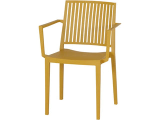 Der Siena Garden Stapelsessel Lane Mustard ist ein stilvoller gelber Kunststoffstuhl aus recycelbarem Polypropylen mit Armlehnen und Lattenrückenlehne für eine Kombination aus Haltbarkeit und modernem Design.