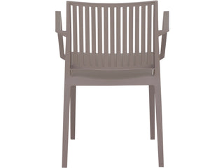 Siena Garden Stapelsessel Lane Taupe mit vertikalen Lattenrost-Rücken- und Armlehnen, aus recyclebarem Polypropylen, abgebildet von der Rückseite.