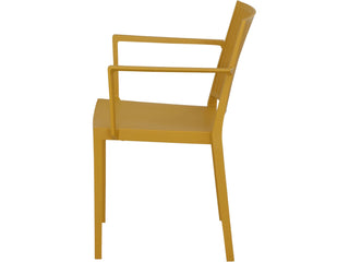 Der Siena Garden Stapelsessel Lane in Senfgelb ist ein moderner gelber Stuhl mit Armlehnen, Seitenansicht, einem minimalistischen Design und geraden Linien, gefertigt aus recycelbarem Polypropylen.
