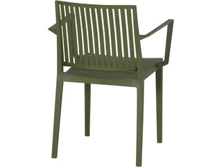 Der Siena Garden Stapelsessel Lane Olive ist ein grüner Kunststoffstuhl von Siena Garden, hergestellt aus recycelbarem Polypropylen. Er verfügt über eine vertikale Lattenrückenlehne und Armlehnen, von hinten betrachtet. Sein urbanes Design macht ihn perfekt für jeden modernen Raum.