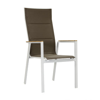 ZEO LIVING Chelsea Stapelstuhl hoch Alu gepaddet weiß/coffee mit Teakarmlehne